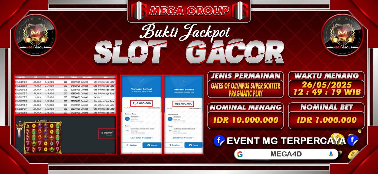 Bukti JP situs Mega4D hari Senin, 26 Mei 2025