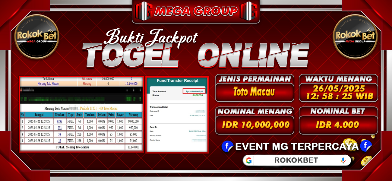 Bukti JP situs Rokokbet hari Senin, 26 Mei 2025